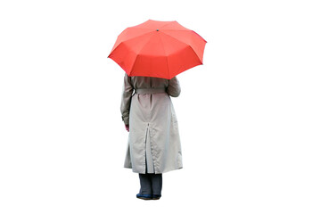 A woman under a red umbrella stands alone, isolated on a white background