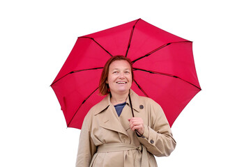 A happy woman under a red umbrella stands on a city street, isolated on a white background