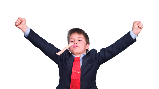A boy in a school suit raised his hands in a victorious gesture during distance learning, isolated on a white background