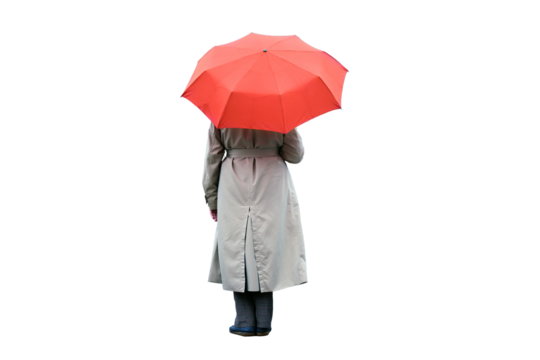 A woman under a red umbrella stands alone, isolated on a white background