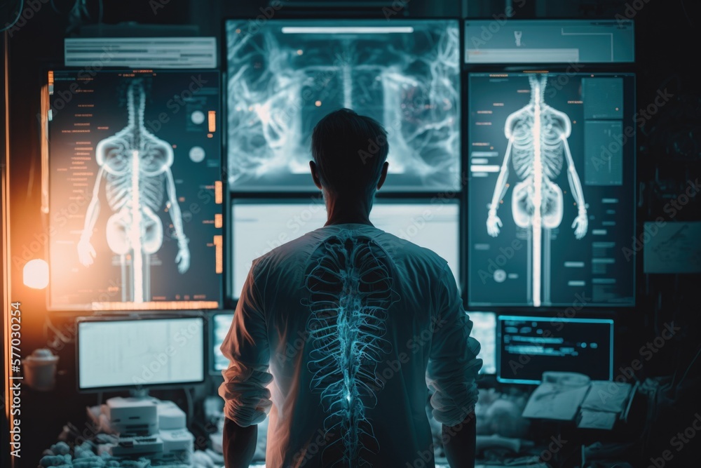 Poster a man standing in front of a computer screen with a skeleton on it's back biopunk cyberpunk art neop