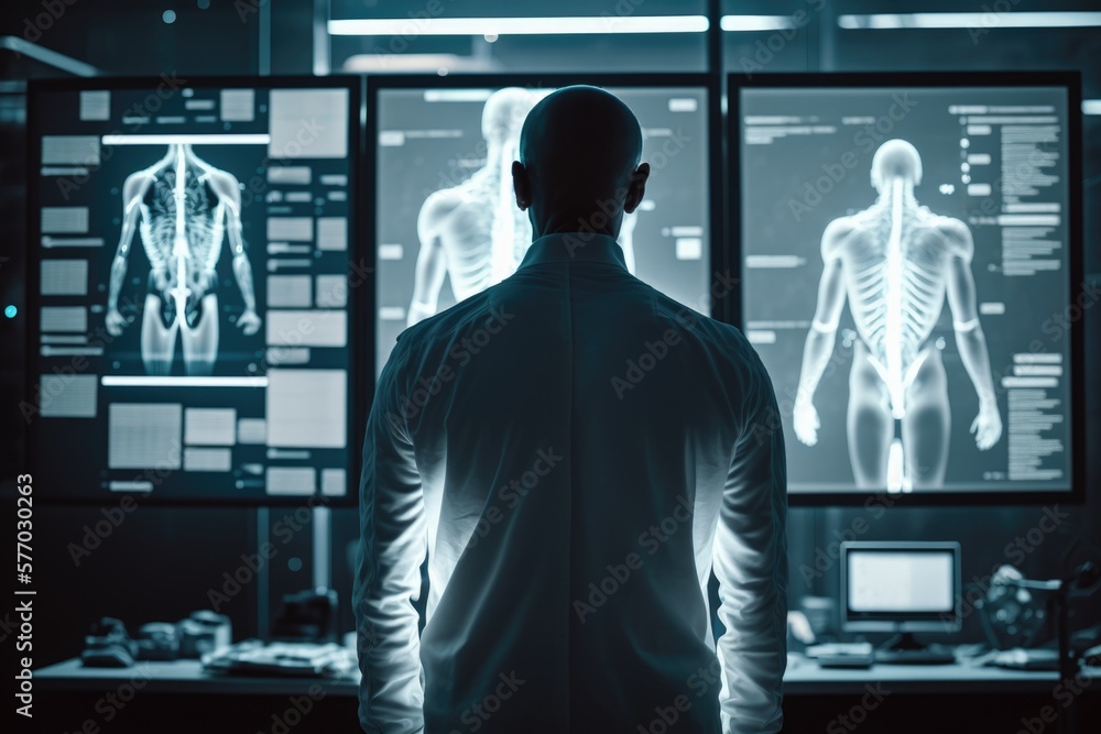 Poster a man standing in front of a computer screen with a skeleton on it's display biopunk a hologram neop