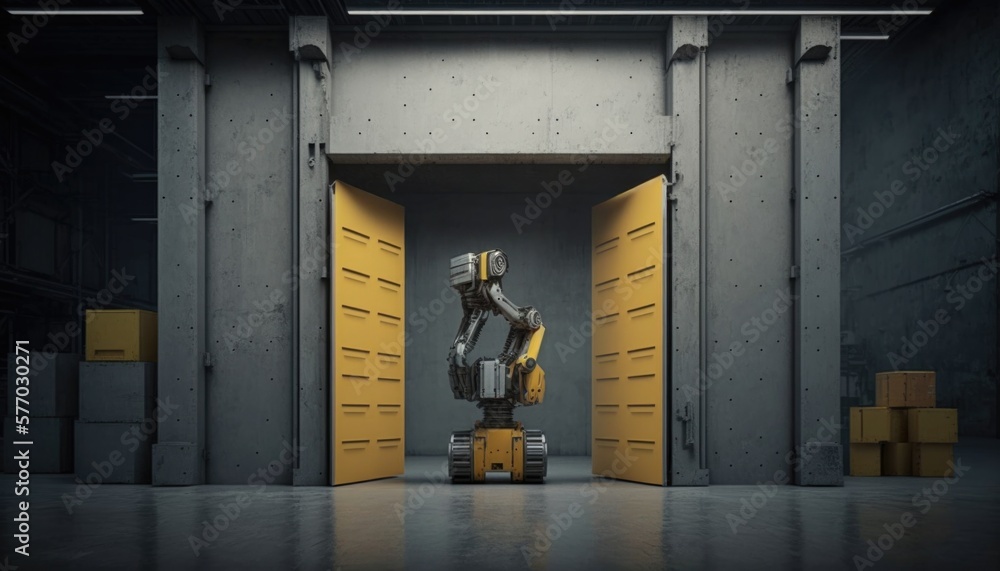 Poster a robot standing in a doorway with a yellow door handle on it's side robots an ambient occlusion ren