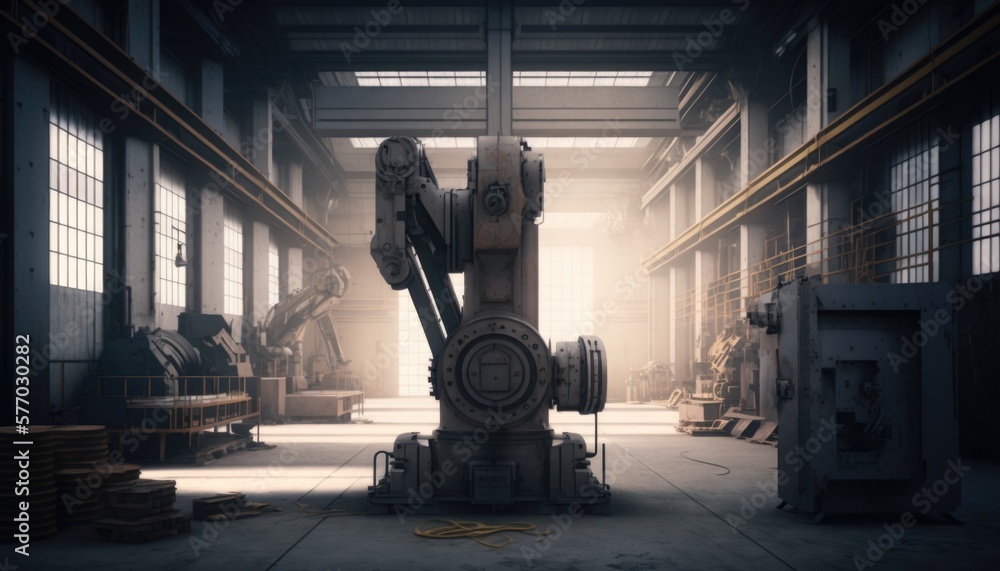 Poster a large machine in a large warehouse with lots of windows and machinery in it's center redshift rend