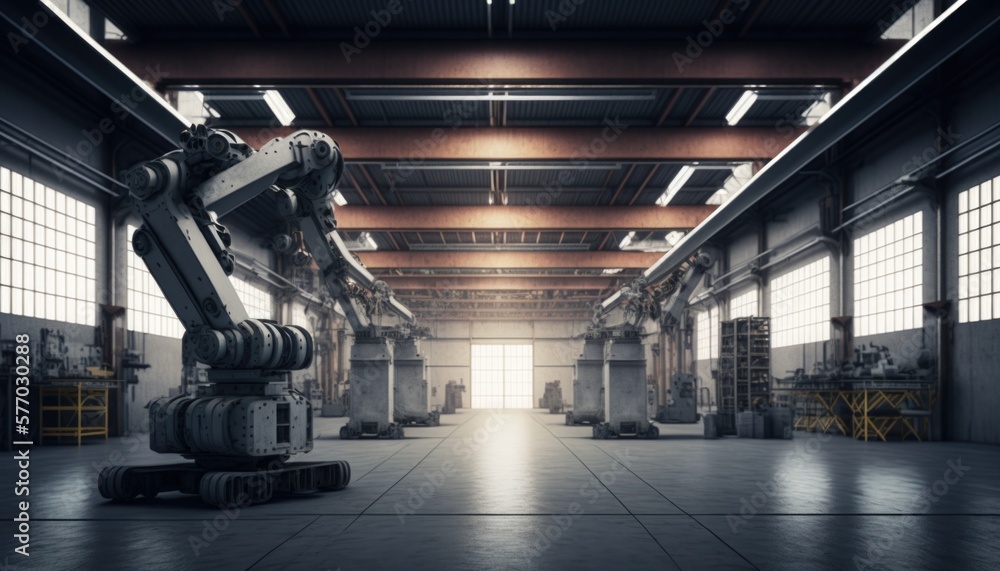 Poster a large industrial building with a robot in the middle of it's floor and windows robots an ambient o