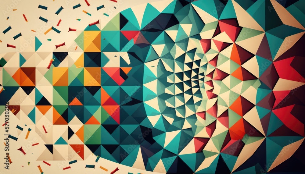 Poster a colorful abstract background with a lot of different shapes and sizes of triangles and dots colorf