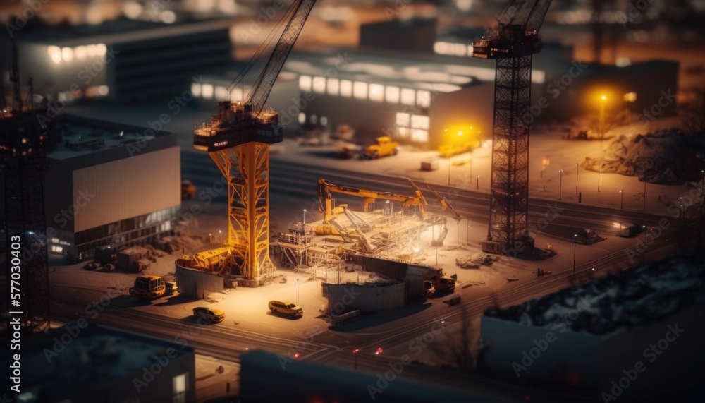 Poster a crane is standing in a construction area at night time with a building in the background tilt shif