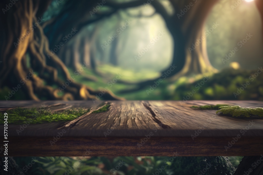 Poster a wooden table with moss on it in a forest with a light shining through the trees cinematic matte pa