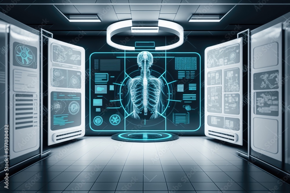 Aufkleber a futuristic room with a skeleton in the center of it and a lot of screens cybernetics computer grap