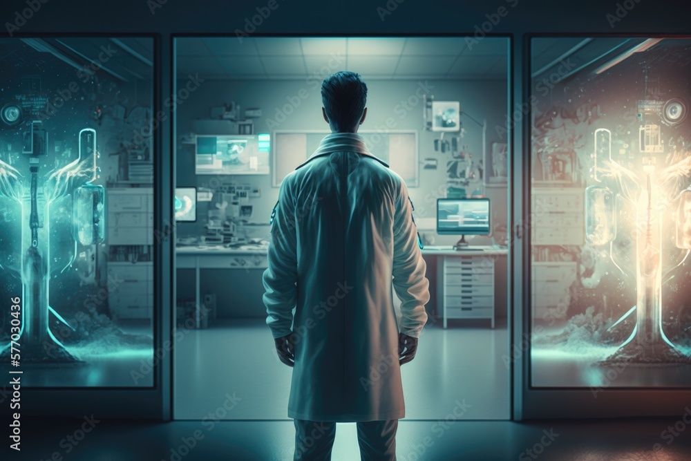 Poster a man in a lab coat looking at a computer screen with a glowing image of a person in the background 