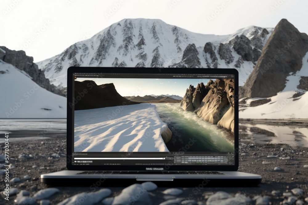 Poster a laptop computer sitting on top of a rocky field covered in snow covered mountains and rocks 8 k re
