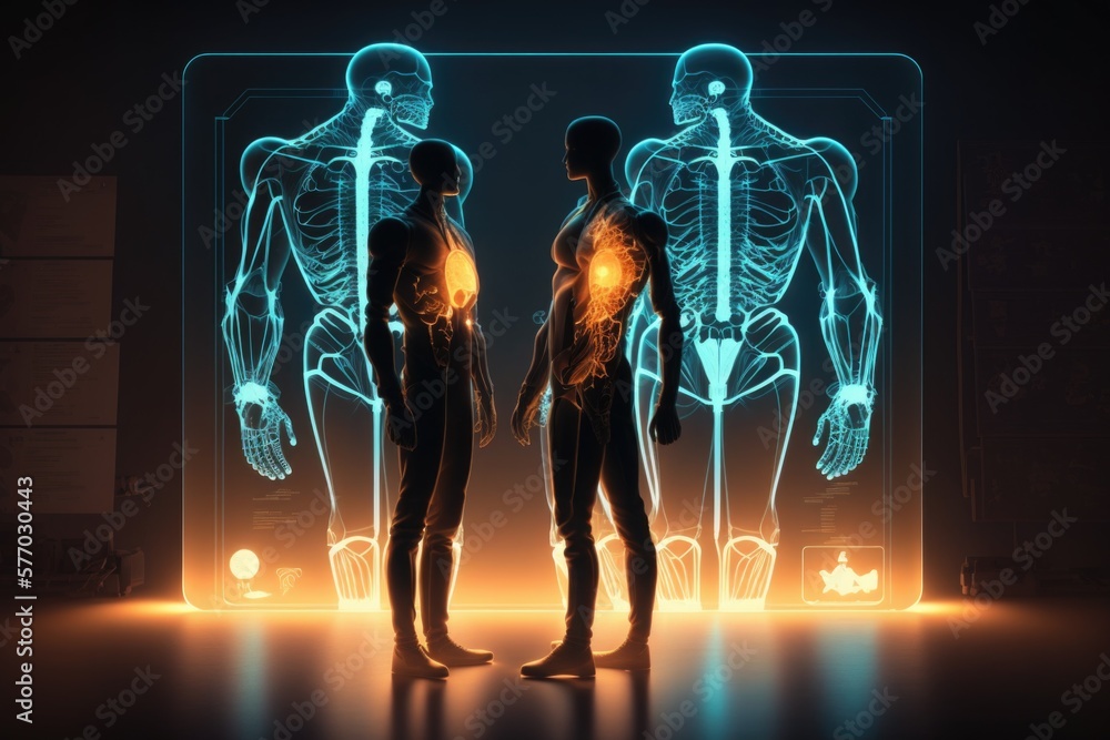 Poster two human figures with glowing neon lights in a dark room with a neon light in the middle biomechani