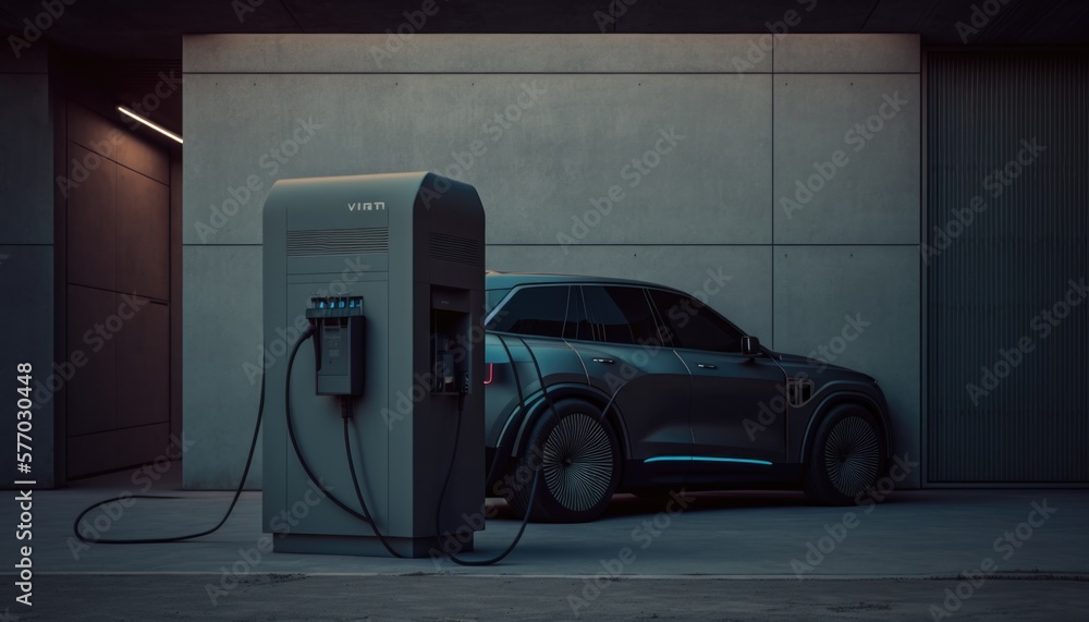 Poster a car plugged into a charging station in a dark room with a wall behind it solarpunk a digital rende