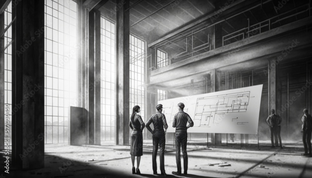 Poster three people standing in a large room with a large poster on the wall and a large window matte drawi