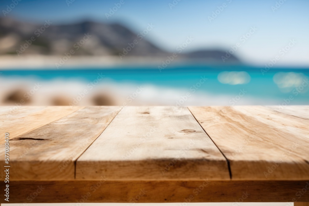 Poster a wooden table with a blurry background of a beach and ocean in the background deep depth of field a