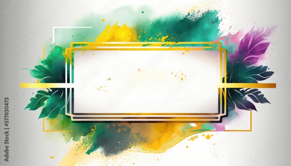 Poster a white and yellow frame with a green and purple flower on it and a gold frame plain background an a