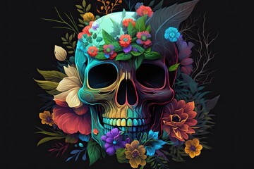 Illustration of a Skull Adorned with Vivid Flowers. Generative AI