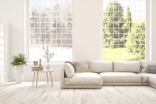 White living interior concept summer and winter  landscape in window. Scandinavian interior design. 3D illustration