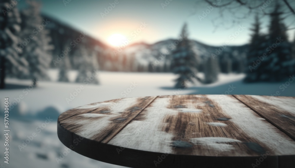 Poster a wooden table with a view of a snowy landscape in the background with trees and snow realistic rend