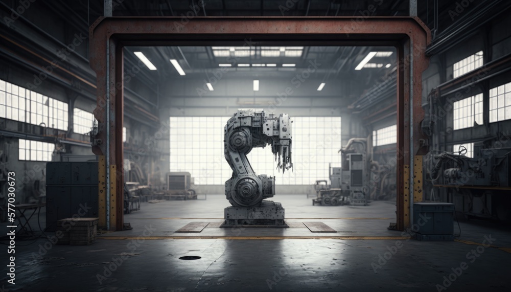 Poster a large robot is in a large warehouse with a window open to reveal a large room