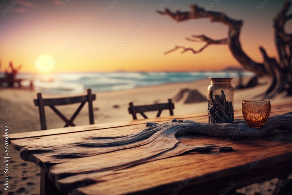 Poster a table with a glass and a bottle on it on a beach at sunset with a view of the ocean rendered 3d re