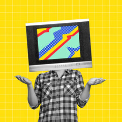 Contemporary art collage. Man in checkered shirt with retro TV head over yellow background. Mass media influence. Concept of news, information, creativity. Complementary colors. Magazine style.