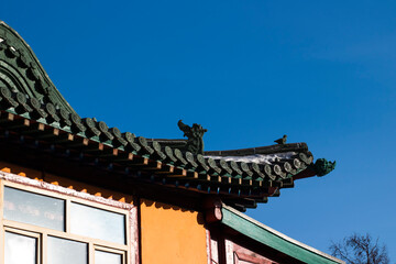 Dashchoimbel Datsan Buddhist temple roof with carved decoration