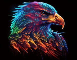 Eagle head in primary colors with neon style - obrazy, fototapety, plakaty