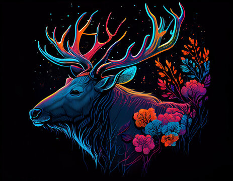 Elk head in primary colors with neon style