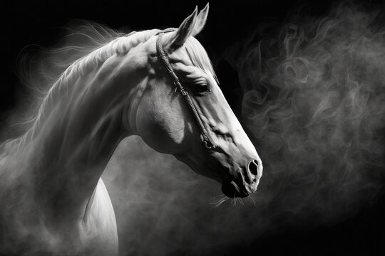 A white Arabian horse is seen in mild smoke in this black and white portrait. Photograph in the horizontal position, with blank space for captioning. Generative AI