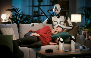 Man falling asleep next to his female humanoid robot