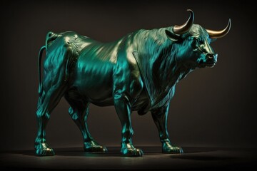 A bull statue, painted a deep green color. Excellent bull sculpture casting with dramatic lighting to indicate market patterns being scrutinized. CG. Generative AI