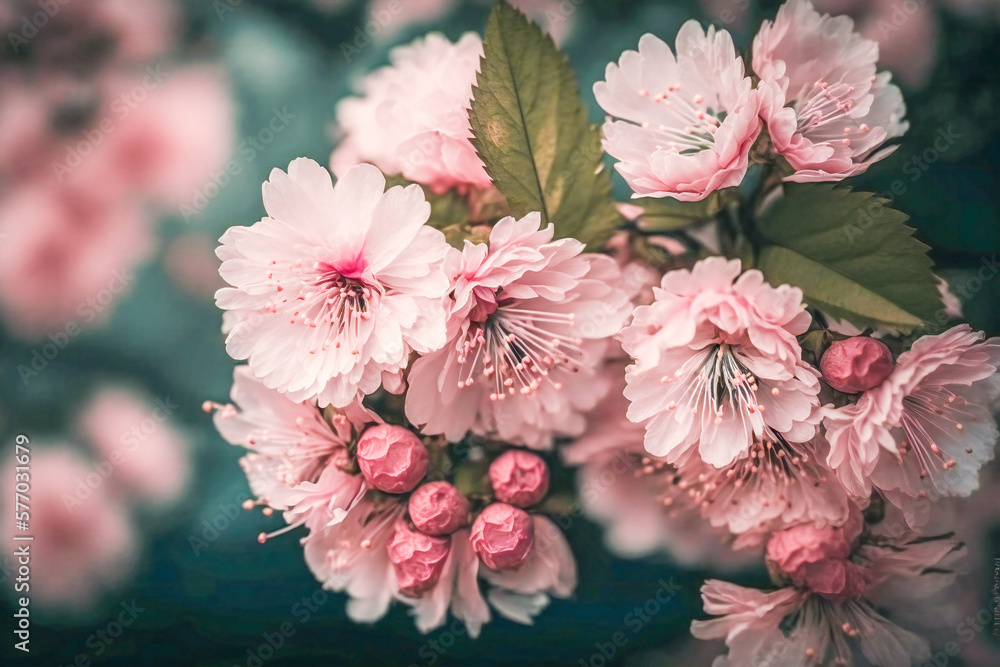 Poster spring cherry blossom closeup with blurred background. created with generative ai technology.