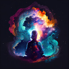 Mental health concept, cosmic man silhouette in meditation in colorful space. Generative AI