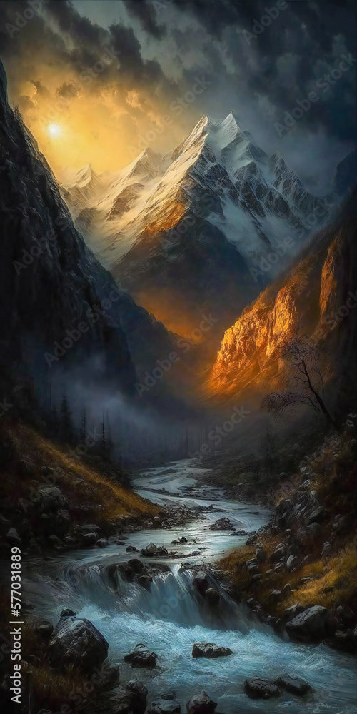 Poster epic landscape illustration with a mountain surrounded by clouds, under a beautiful lighting. create