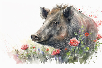 Watercolor painting of a peaceful boar in a colorful flower field. Ideal for art print, greeting card, springtime concepts etc. Made with generative AI.
