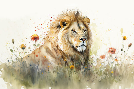 Watercolor painting of a beautiful lion in a colorful flower field. Ideal for art print, greeting card, springtime concepts etc. Made with generative AI.
