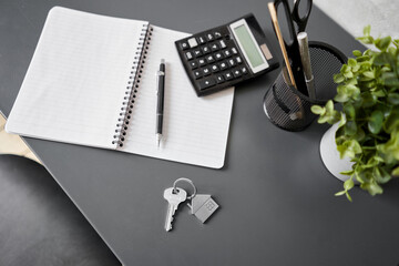 Office desk table with supplies, paper, calculator. Top view with copy space. Selective focus. Business Financing Accounting Banking Concept