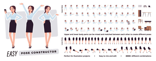 Businesswoman character easy pose constructor. Office girl drag, drop set, female assistant body match, secretary figure building. Vector flat style cartoon construction kit isolated, white background