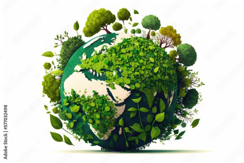 Poster isolated on a white background is a green globe map in the form of a tree or forest. environment day