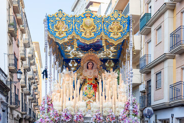 Holy week passage of Holy Mary of the Rosary in her Sorrowful Mysteries, Maria Santisima del Rosario en sus Misterios Dolorosos in procession through the streets of Huelva, Andalusia, Spain	