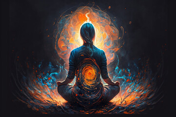 Woman sits in lotus pose, Woman meditating in a lotus pose, emitting energy, Generative AI