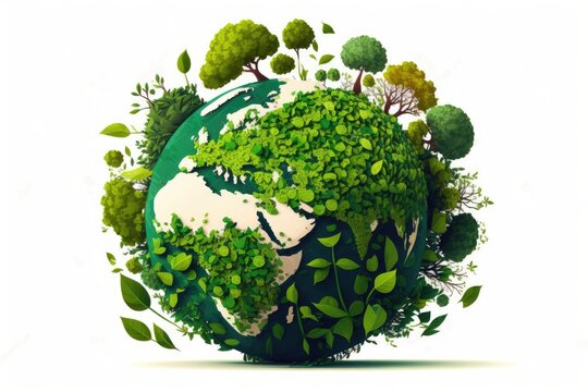 Isolated on a white background is a green globe map in the form of a tree or forest. Environment Day or World Map Conceptualizing a Green Planet Earth. Reduced carbon emissions and a greener planet. P