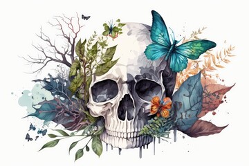 A human skull with foliage, flowers, and butterflies on a white background is a standalone watercolor illustration. Generative AI