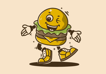 Mascot character of walking burger with happy face