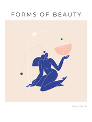 Contemporary modern print. Woman silhouette, nude female body in abstract pose, mid century composition with geometric shapes. Beauty, Femininity concept for wall decor, posters. Vector illustration