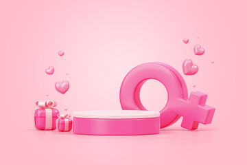 Pedestal podium with gift box have Women's day sign international women sale promotion offer, empty scene for product pink background 3d