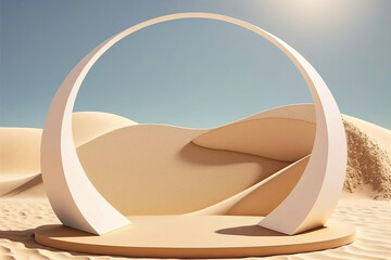 Product display podium on a desert sand beach. Generative ai