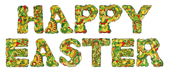 Naklejka premium Hand-drawn vector drawing of Happy Easter, covered with spring floral texture.
