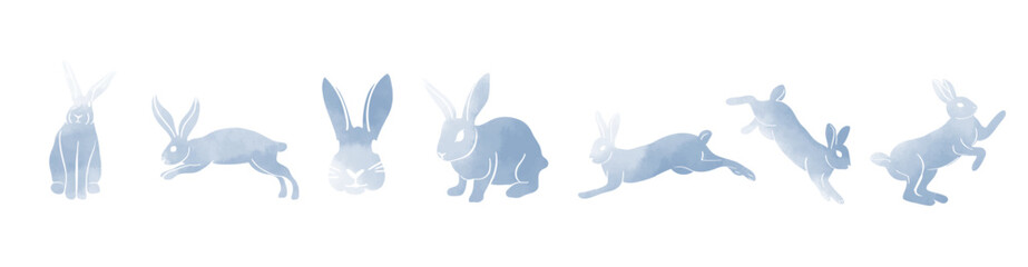 Fototapeta na wymiar Watercolor style blue rabbit silhouette illustration set.